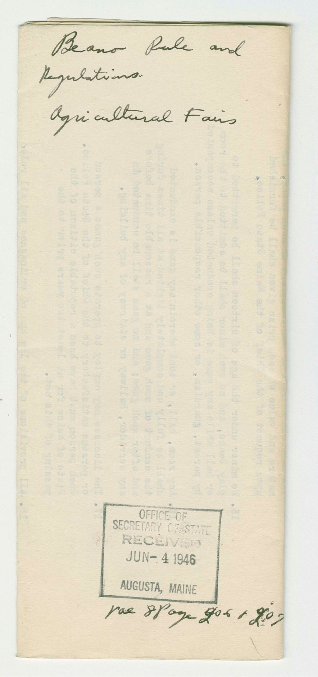 Miniature of Beano Rule and Regulations Agricultural Fairs