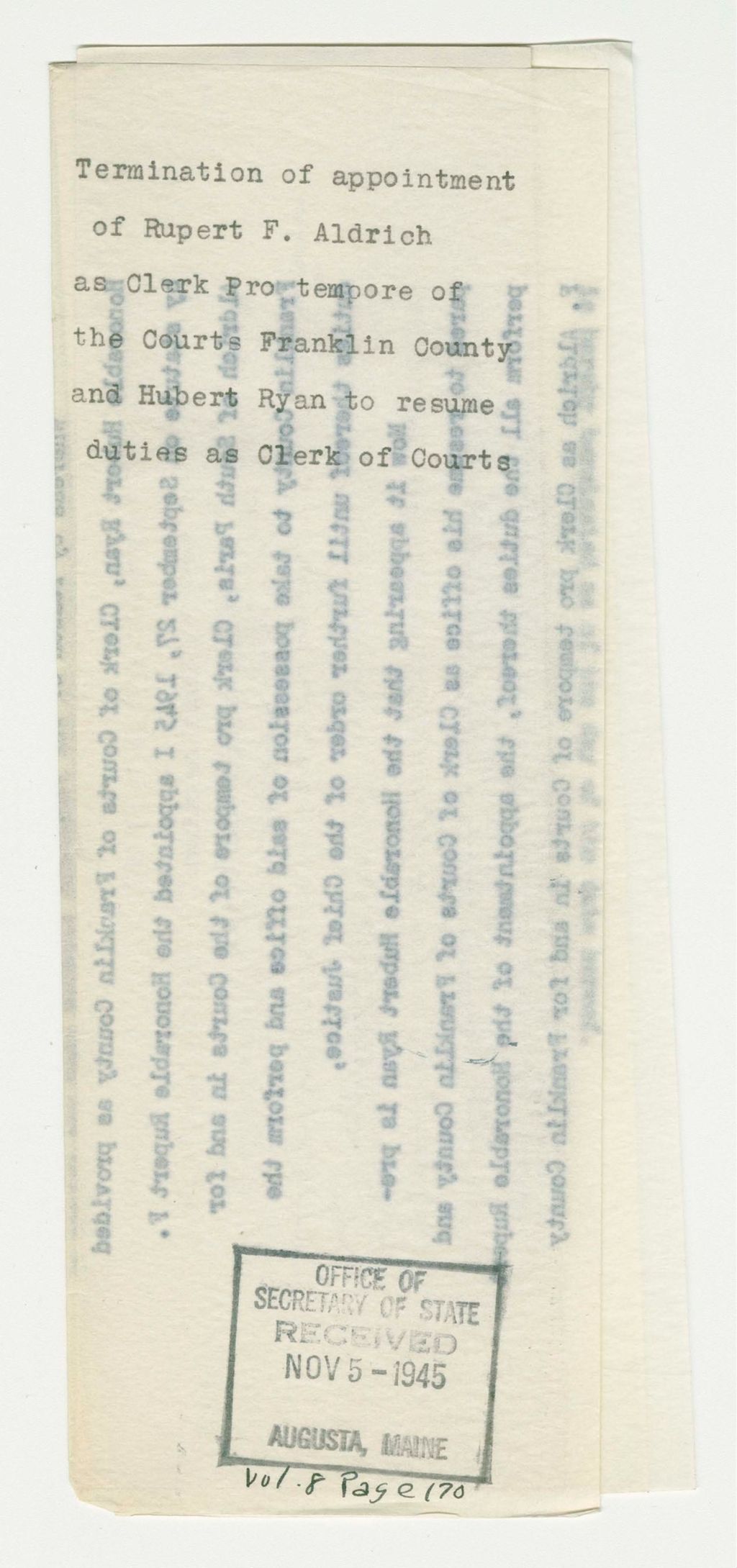 Miniature of Termination of appointment of Rupert F. Aldrich as Clerk Pro tempore of the Courts Franklin County and Hubert Ryan to resume duties as Clerk of Courts