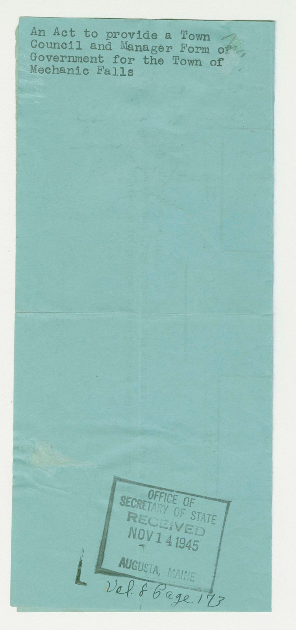 Miniature of An Act to provide a Town Council and Manager Form of Government for the Town of Mechanic Falls