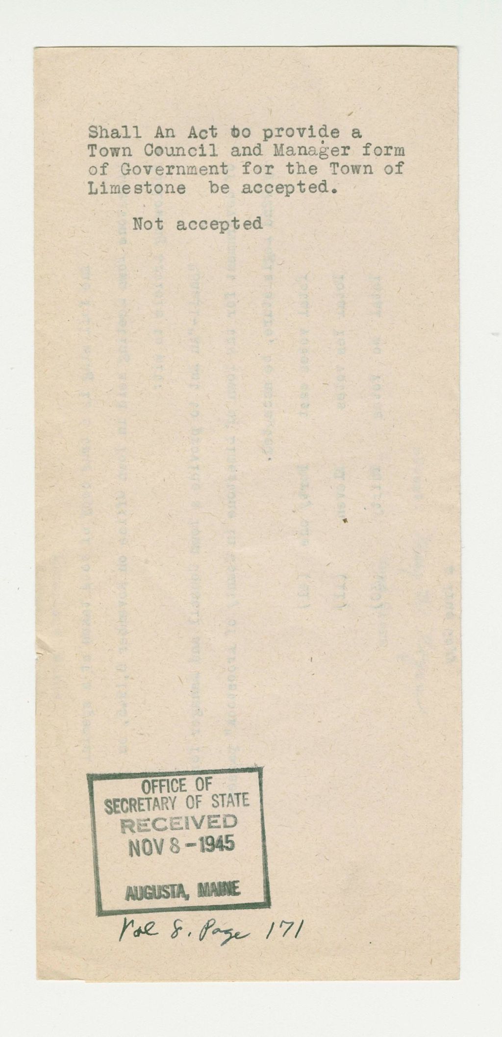 Miniature of Shall an Act to provide a Town Council and Manager form of Government for the Town of Limestone be accepted