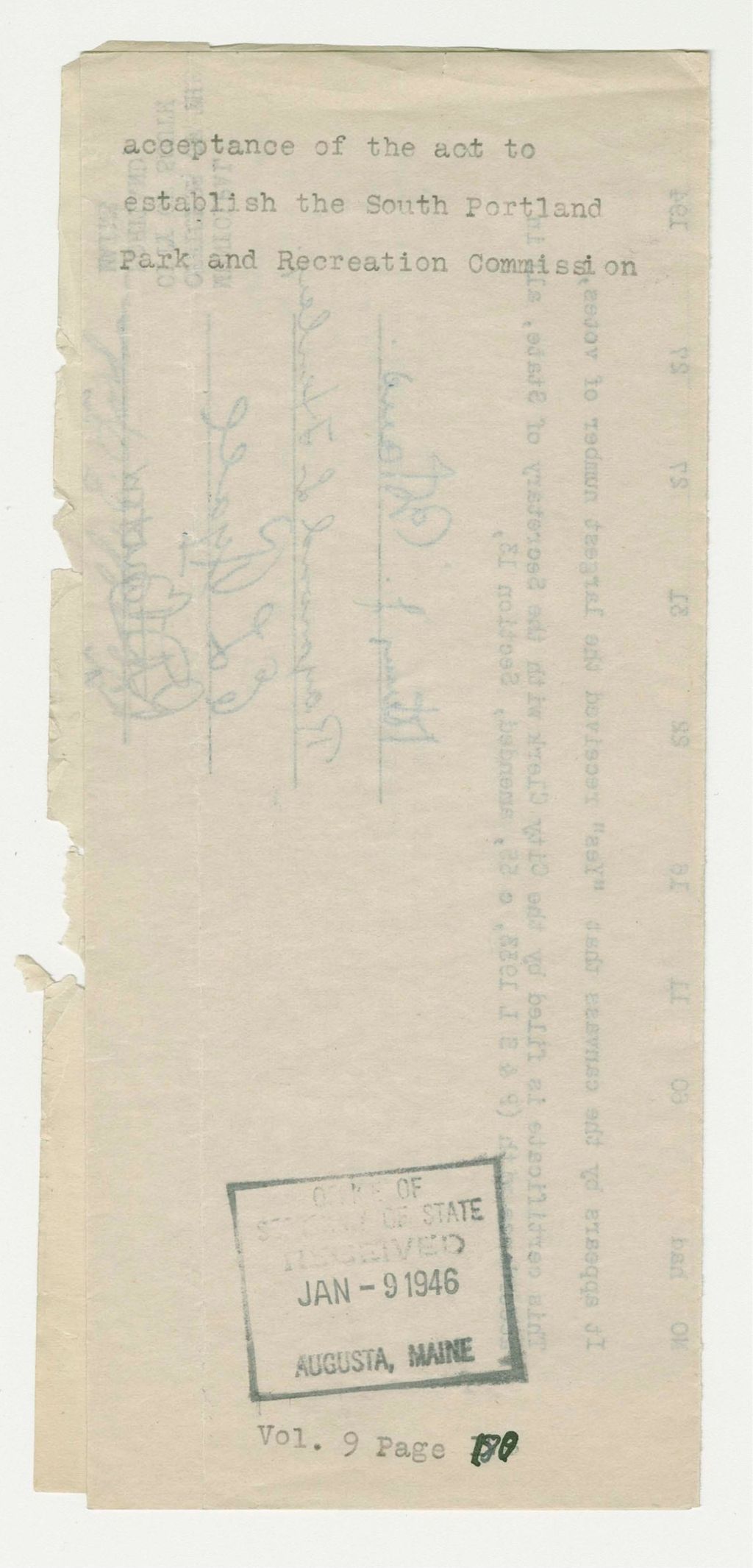 Miniature of acceptance of the act to establish the South Portland Park and Recreation Commission