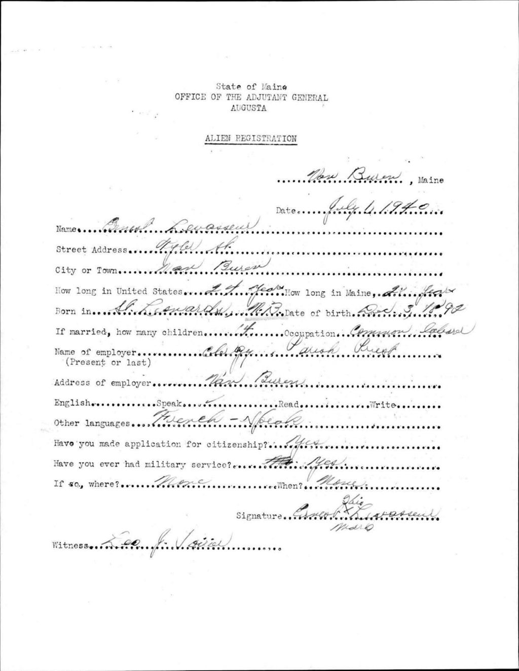 Miniature of Alien Registration- Levasseur, Ernest (Van Buren, Aroostook County)