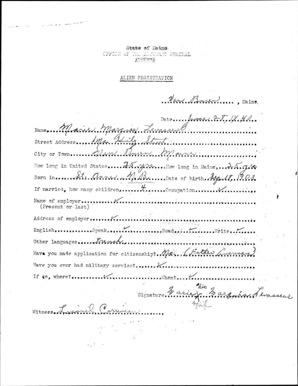 Miniature of Alien Registration- Marquis, Marie (Van Buren, Aroostook County)