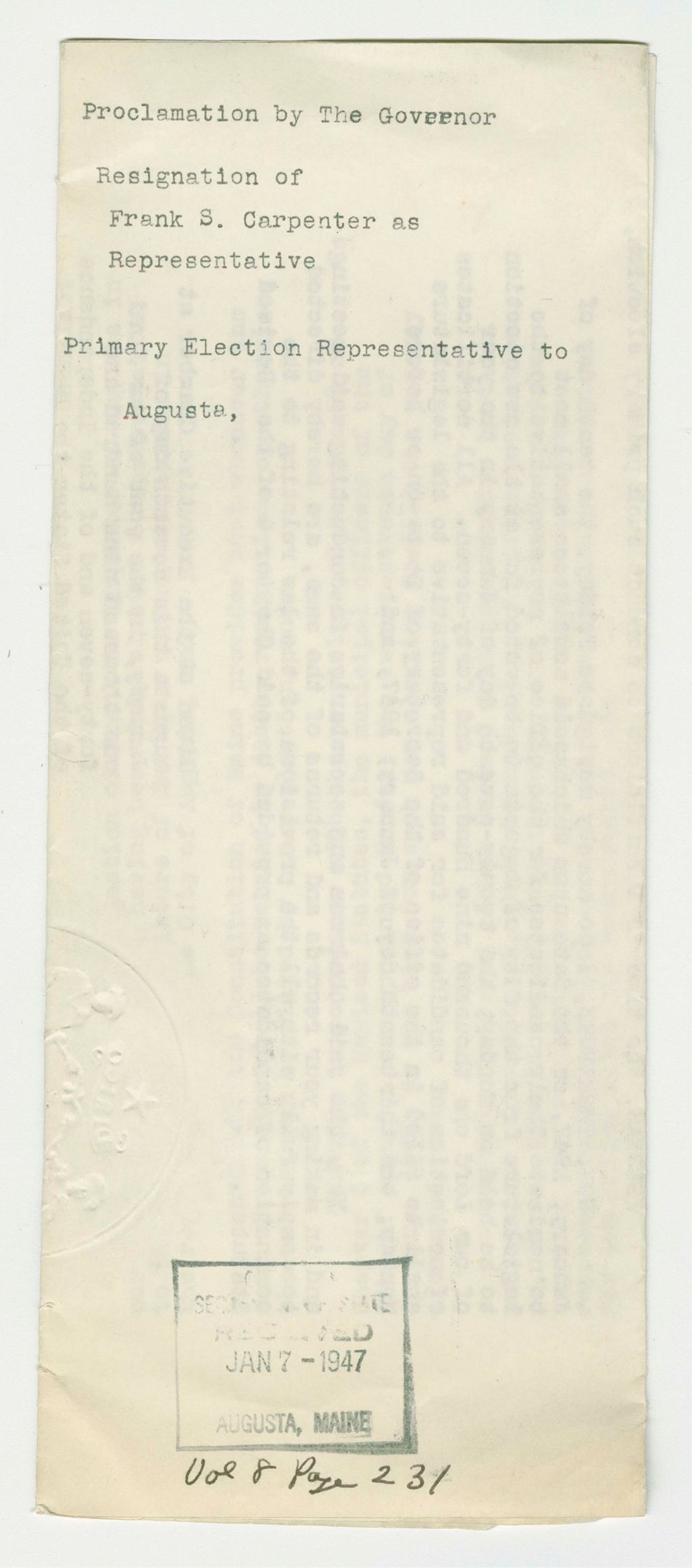 Miniature of Resignation of Frank S. Carpenter as Representative, Primary Election Representative to Augusta