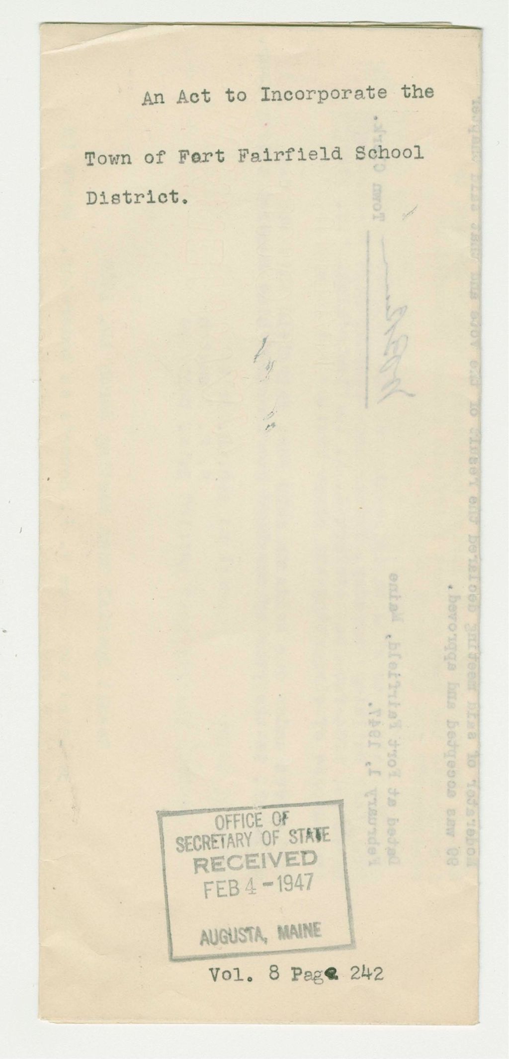 Miniature of An Act to Incorporate the Town of Fort Fairfield School District