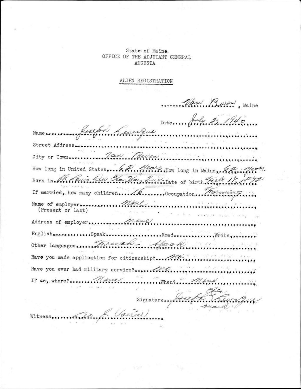 Miniature of Alien Registration- Levesque, Joseph (Van Buren, Aroostook County)