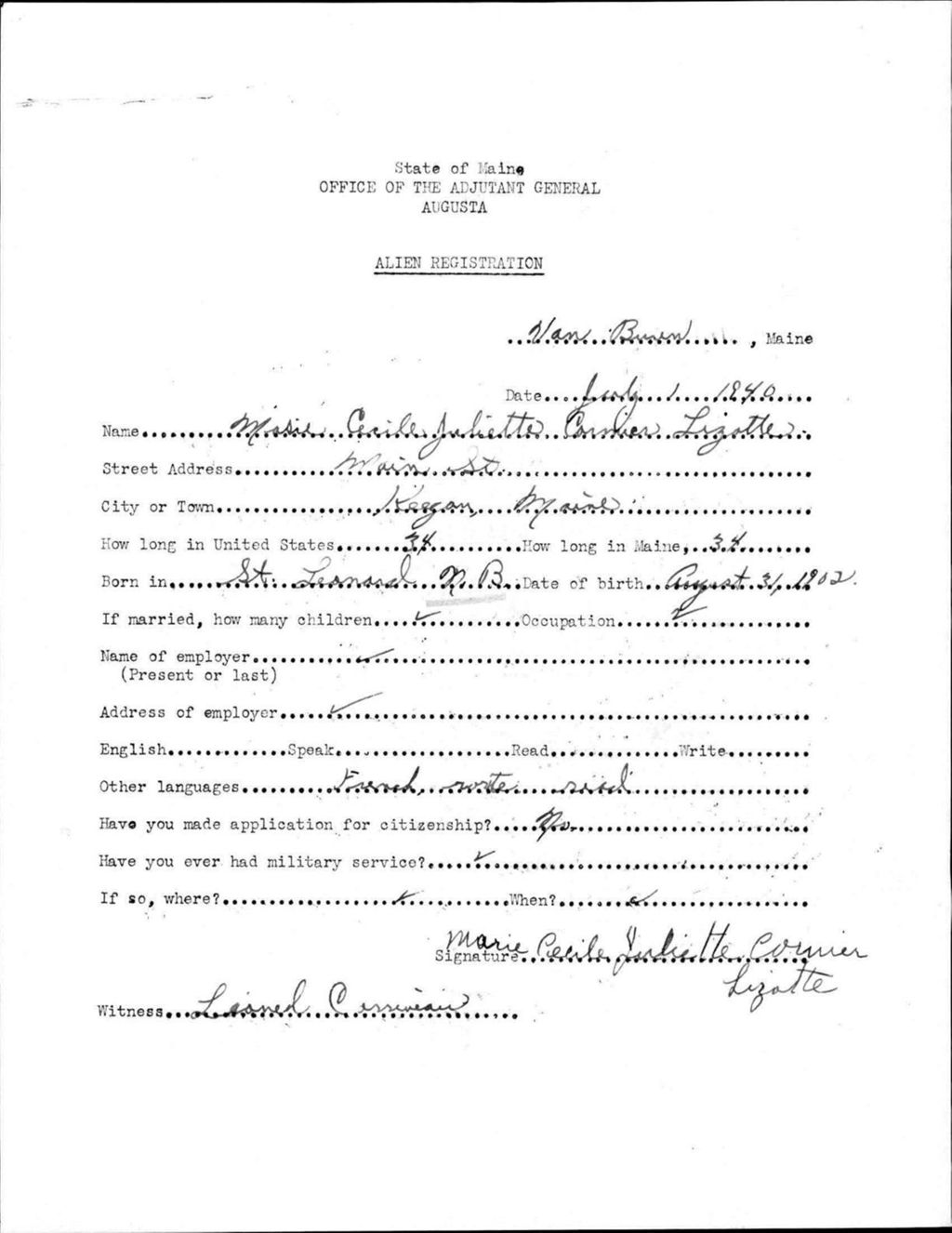 Miniature of Alien Registration- Cormier, Marie Cecile J. (Van Buren, Aroostook County)