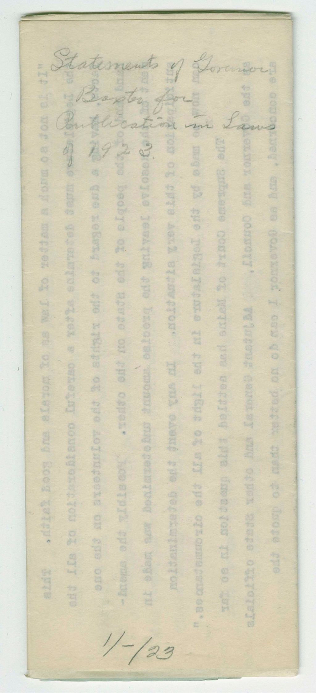 Miniature of Statement of Governor Baker on the "Dollar a Day" Resolve