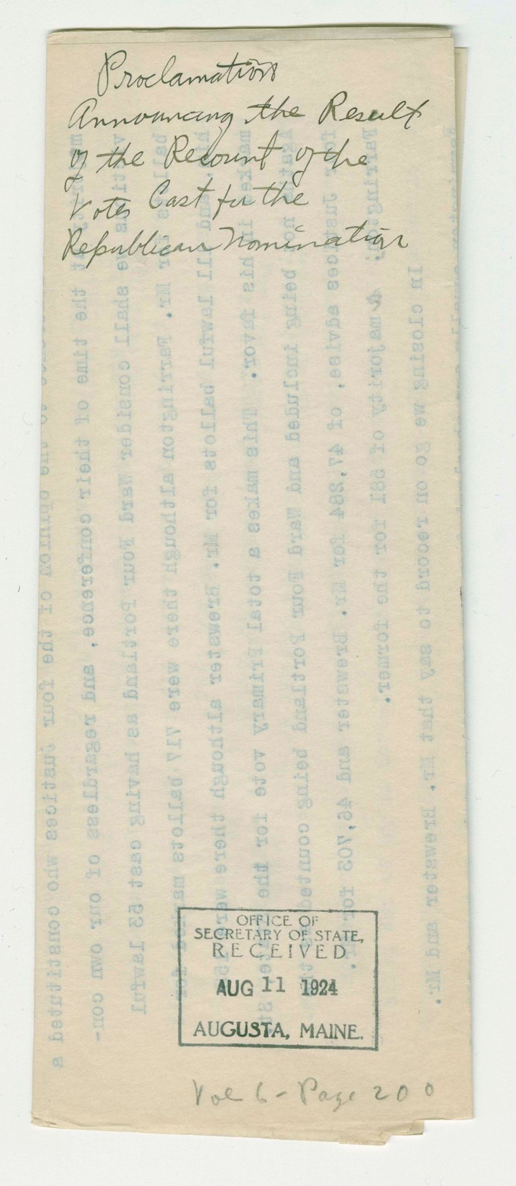 Miniature of Proclamation Announcing the Result of the Recount of the Votes Cast for the Republican Nomination
