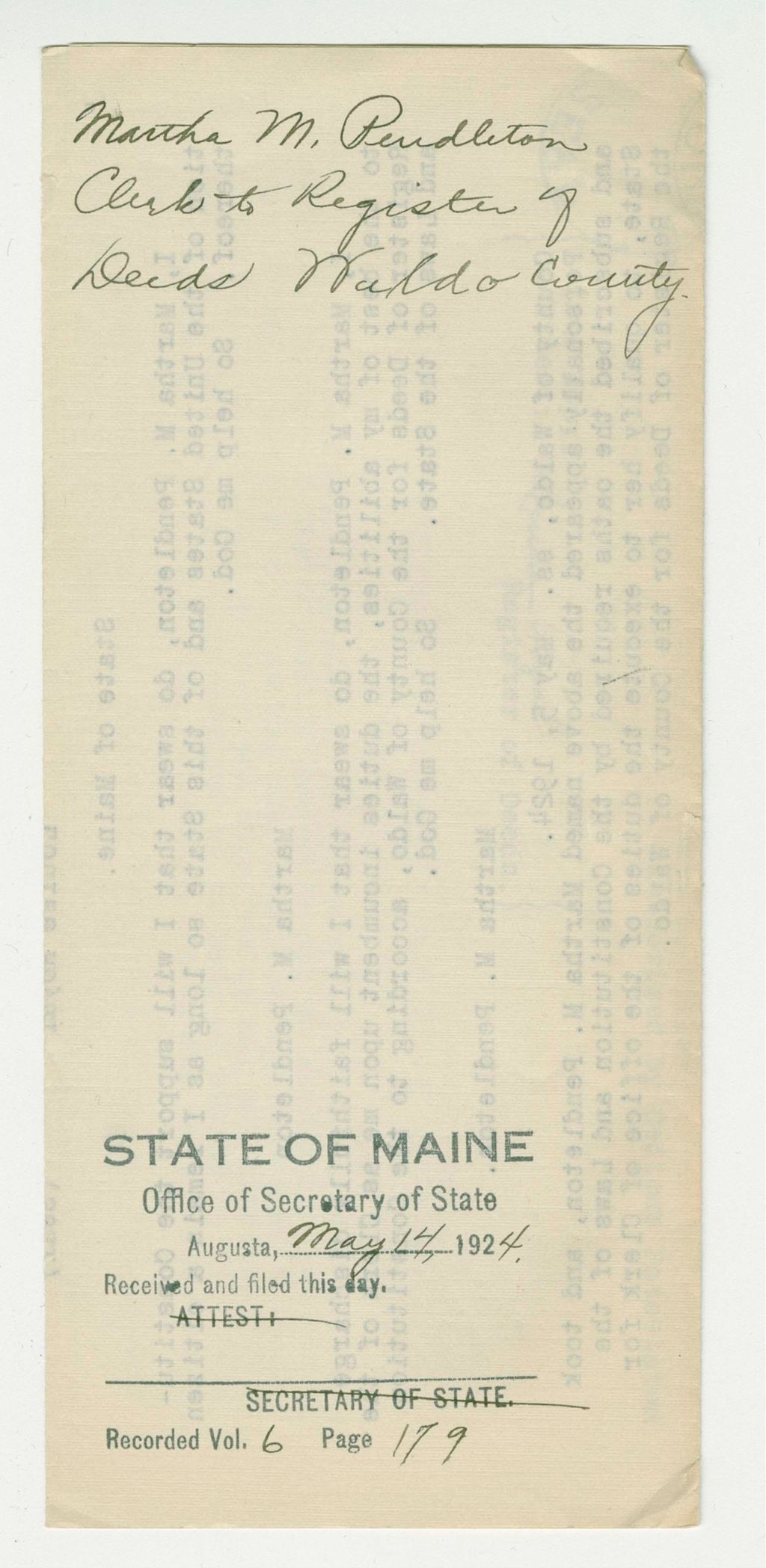 Miniature of Appointment of Clerk to Waldo County Register of Deeds