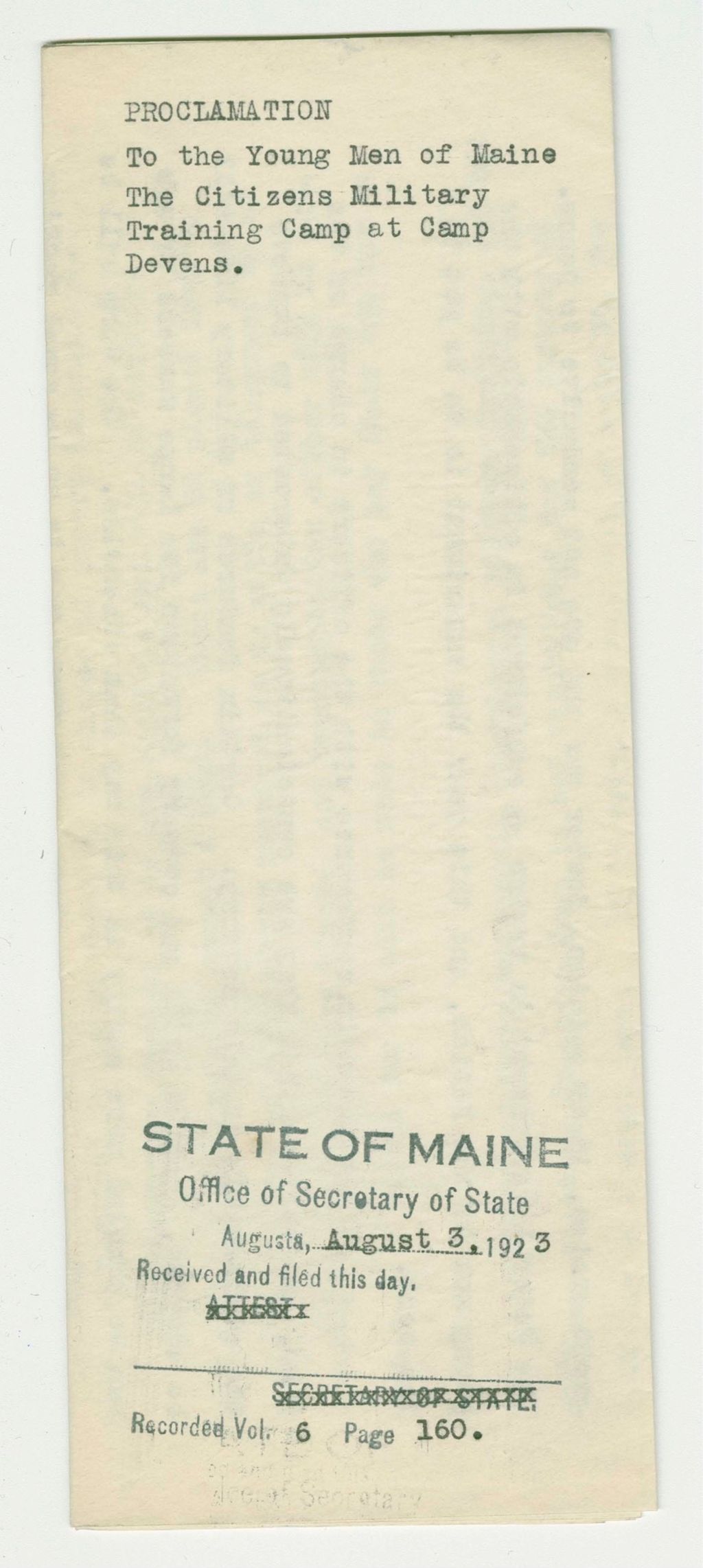 Miniature of Proclamation to the Young Men of Maine The Citizens Military Training Camp at Camp Devens