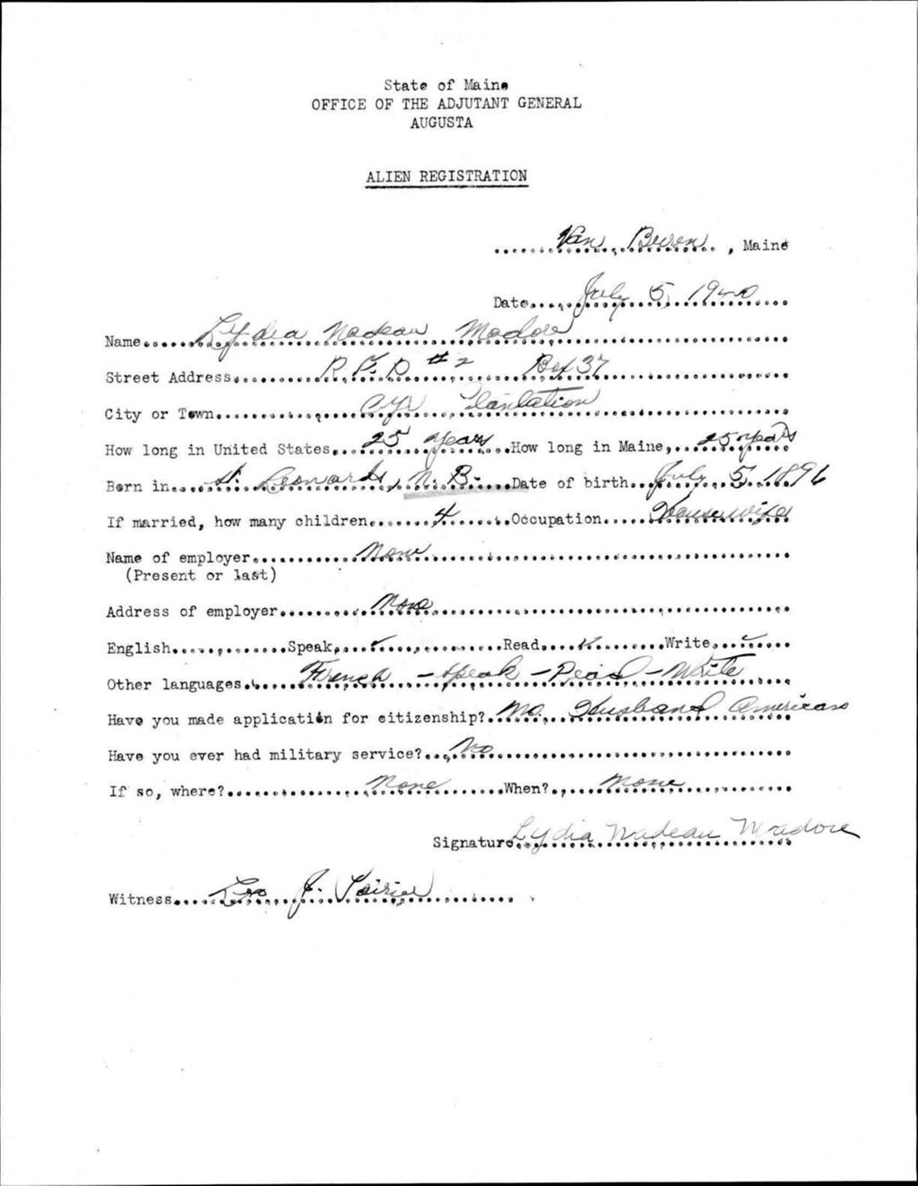Miniature of Alien Registration- Nadeau, Lydia (Van Buren, Aroostook County)