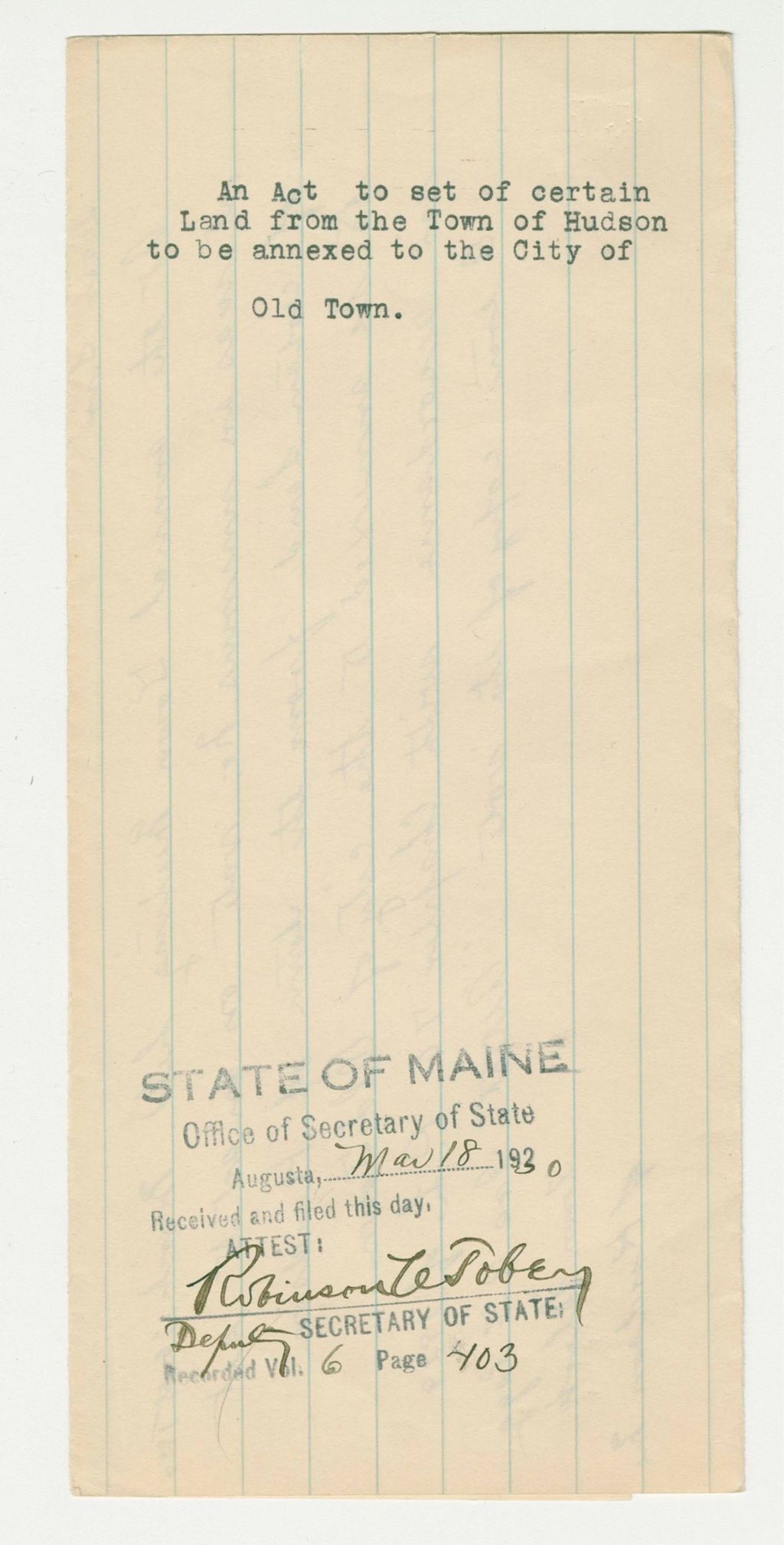 Miniature of An Act to Set of certain Land from the Town of Hudson to be annexed to the City of Old Town