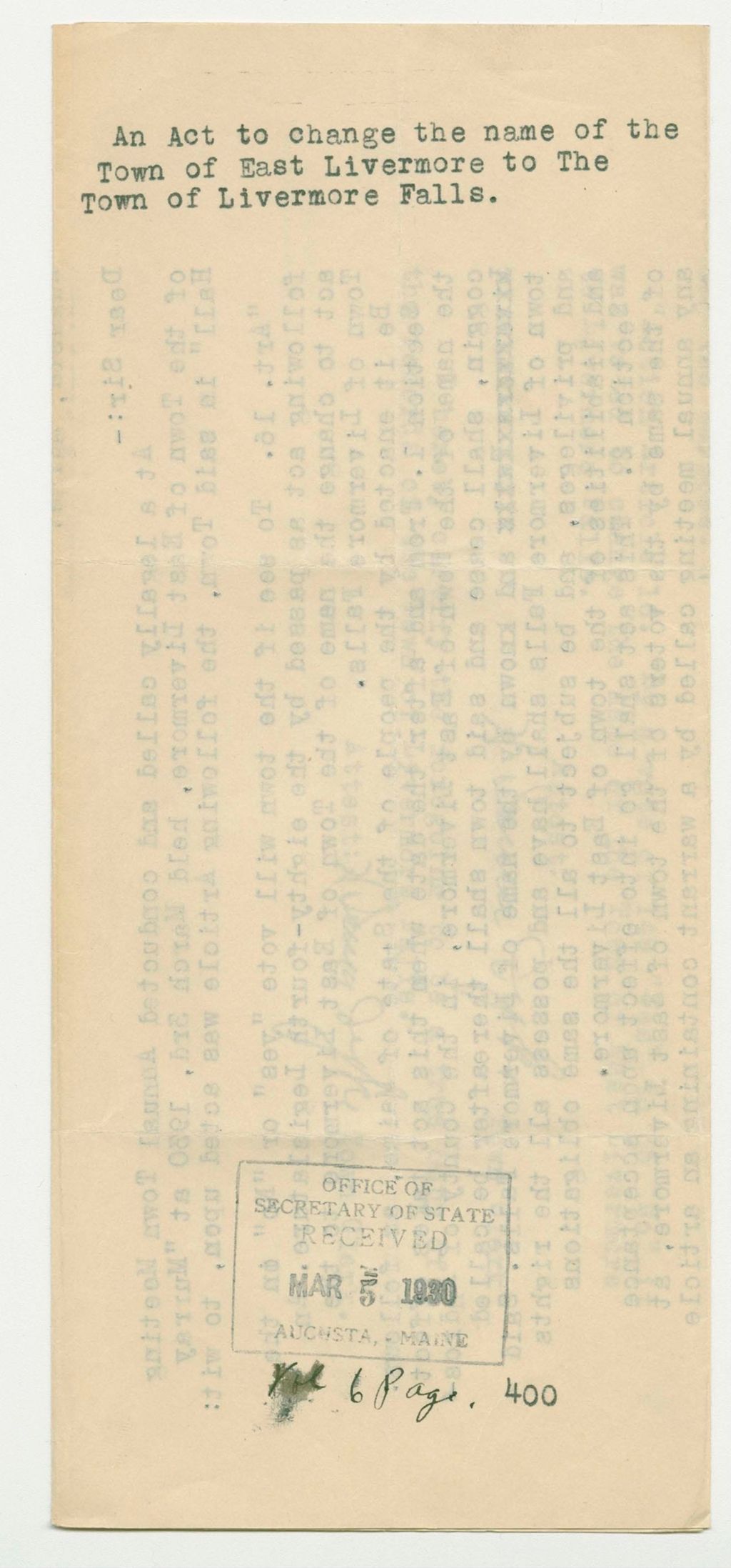 Miniature of An Act to change the name of the Town of East Livermore to the Town of Livermore Falls