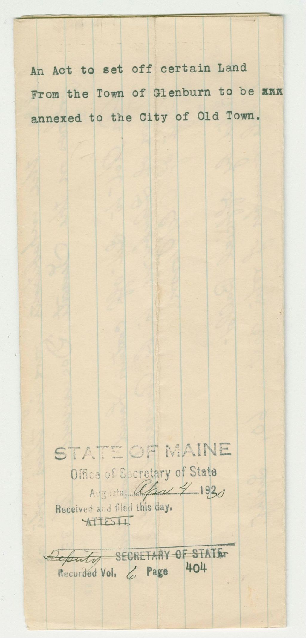 Miniature of An Act to set off certain land from the Town of Glenburn to be annexed to the City of Old Town