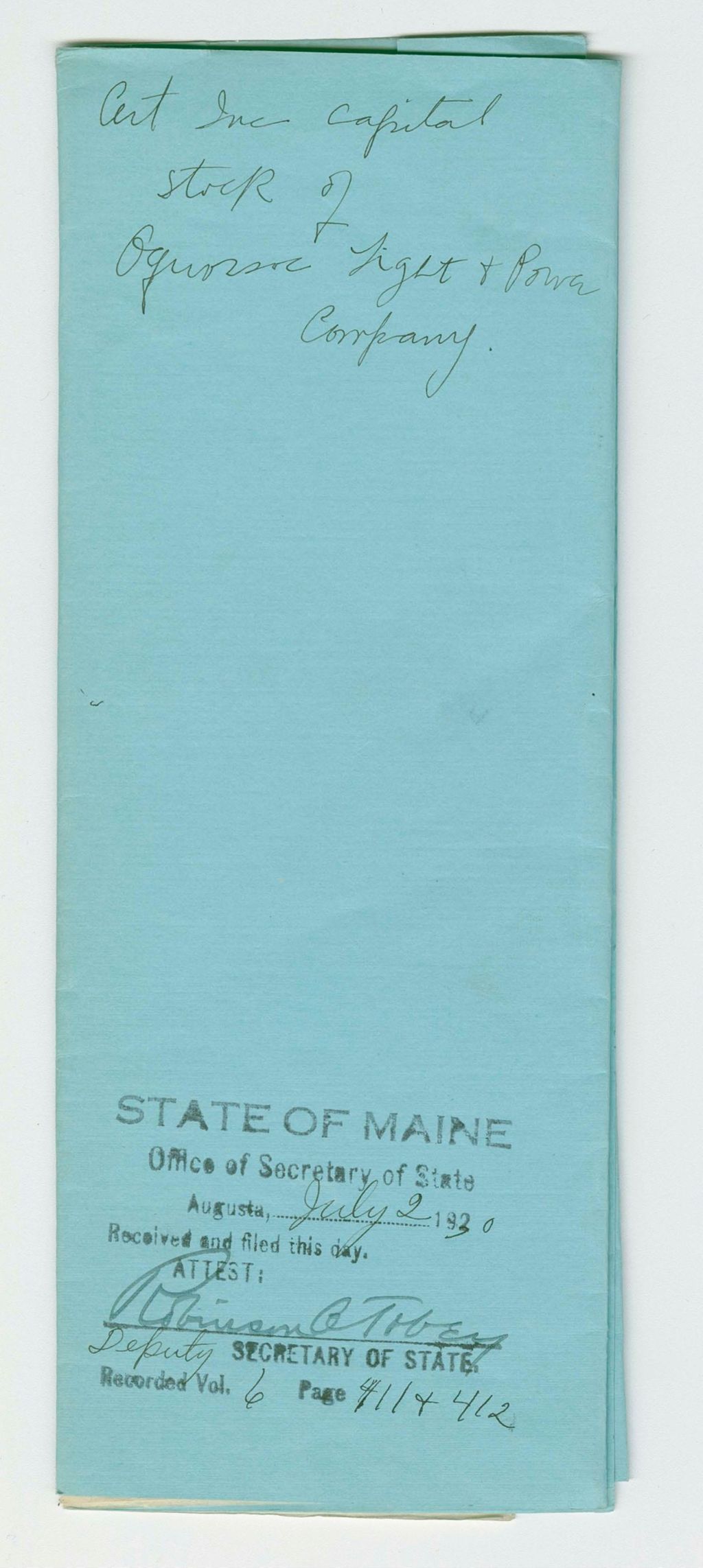 Miniature of Increase of Capital Stock for Oquossoc Light and Power Company
