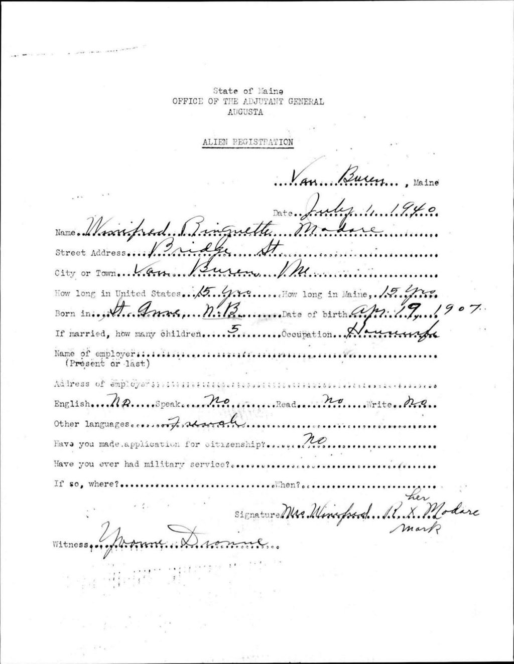 Miniature of Alien Registration- Ringuette, Winifred (Van Buren, Aroostook County)