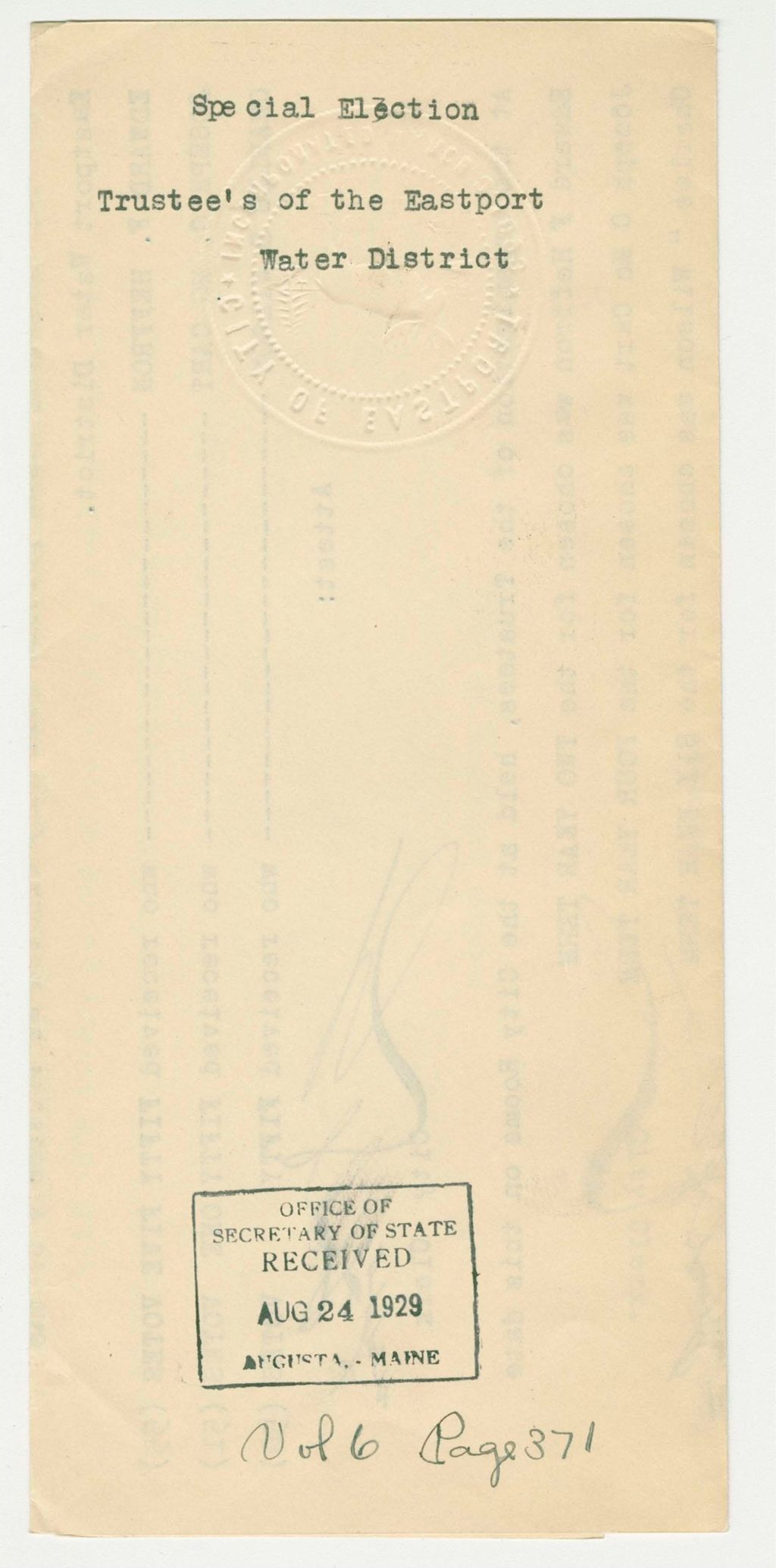 Miniature of Special Election Trustee's of the Eastport Water District
