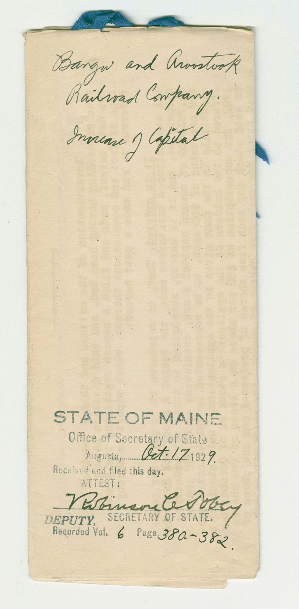 Miniature of Increase of Capital Stock for Bangor and Aroostook Railroad Company