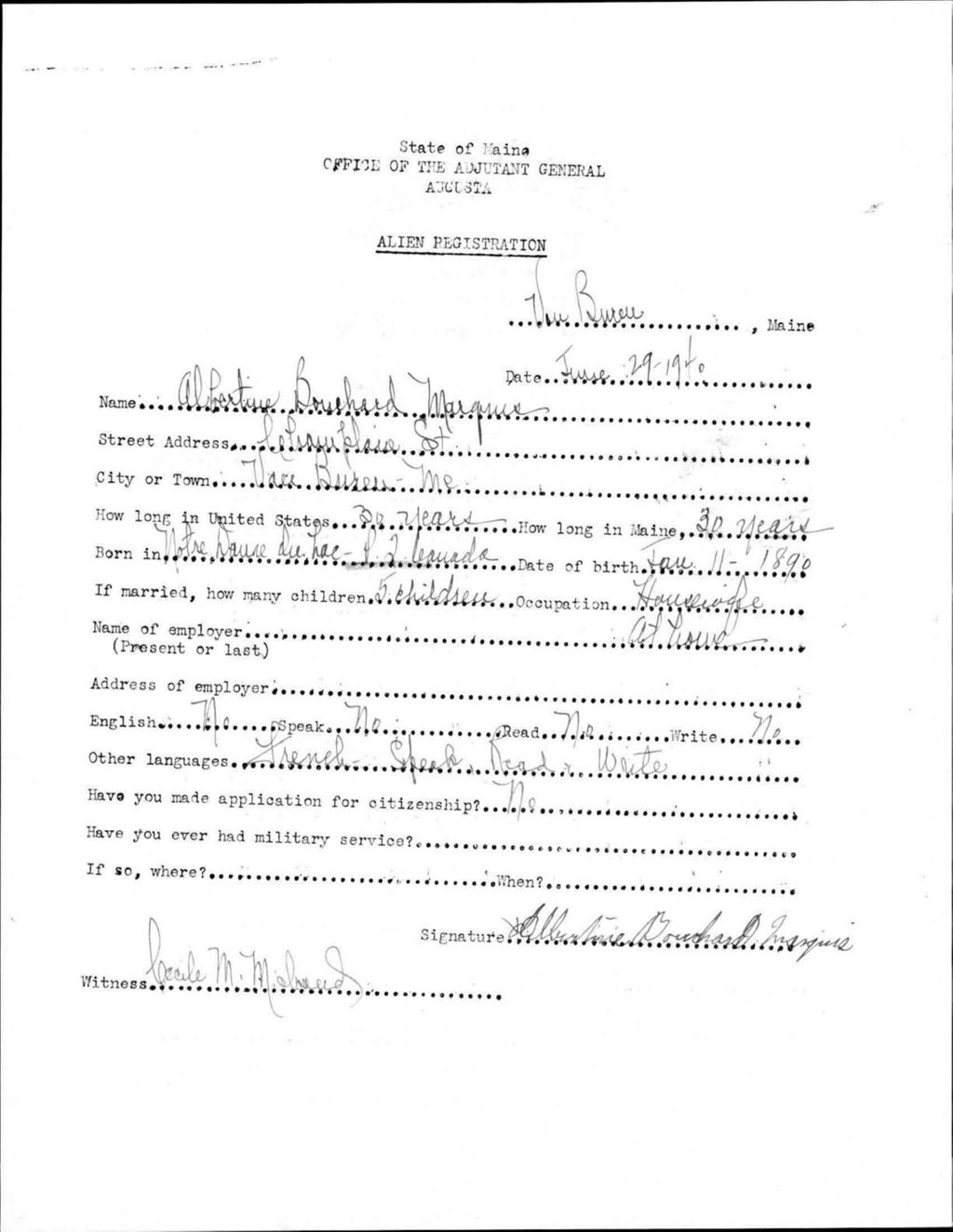 Miniature of Alien Registration- Bouchard, Albertine (Van Buren, Aroostook County)