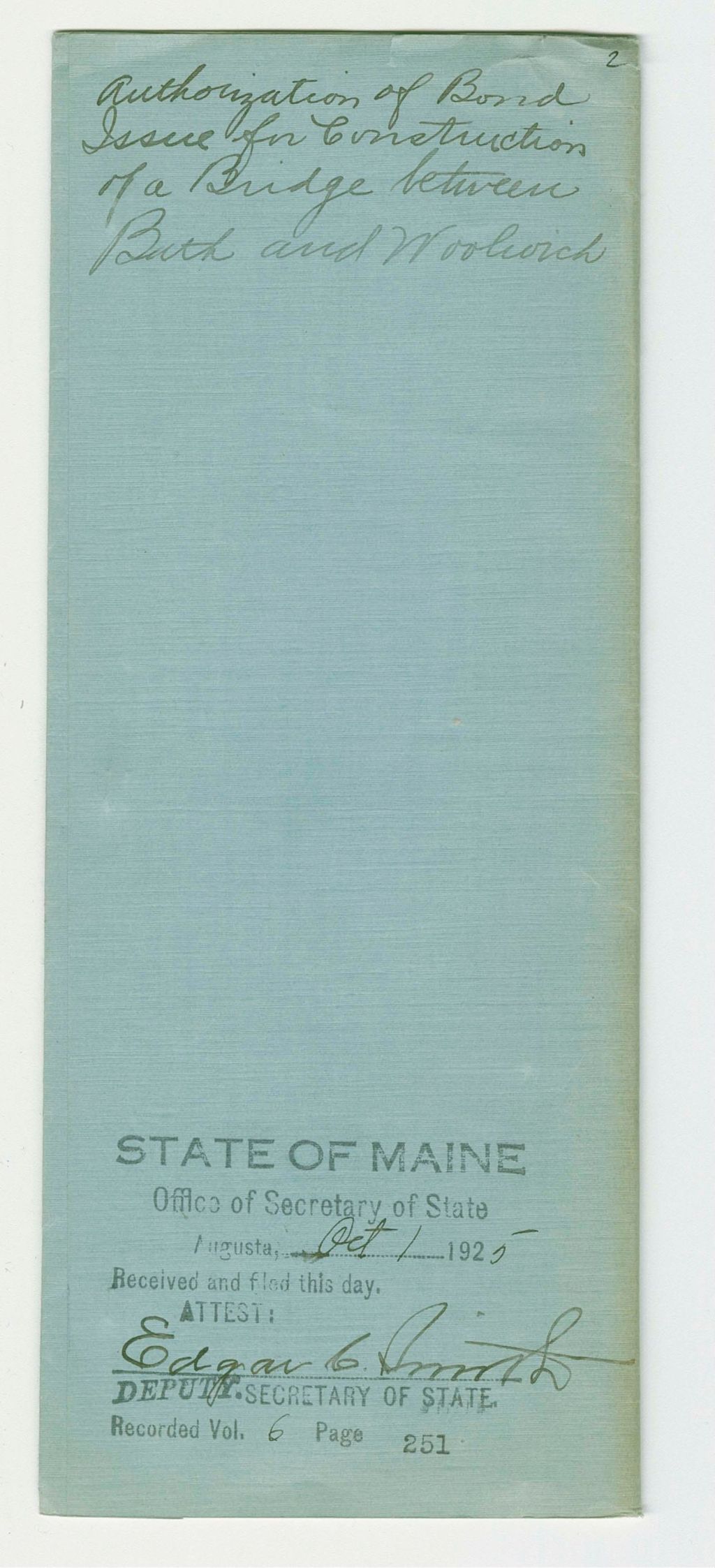 Miniature of Authorization of Bond Issue for Construction of a Bridge between Bath and Woodland