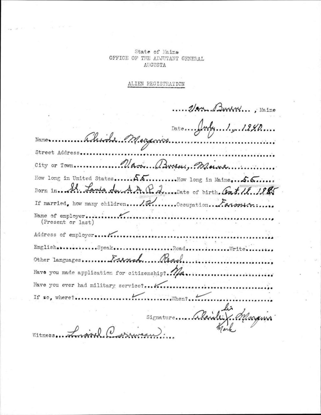 Miniature of Alien Registration- Marquis, Alcide (Van Buren, Aroostook County)