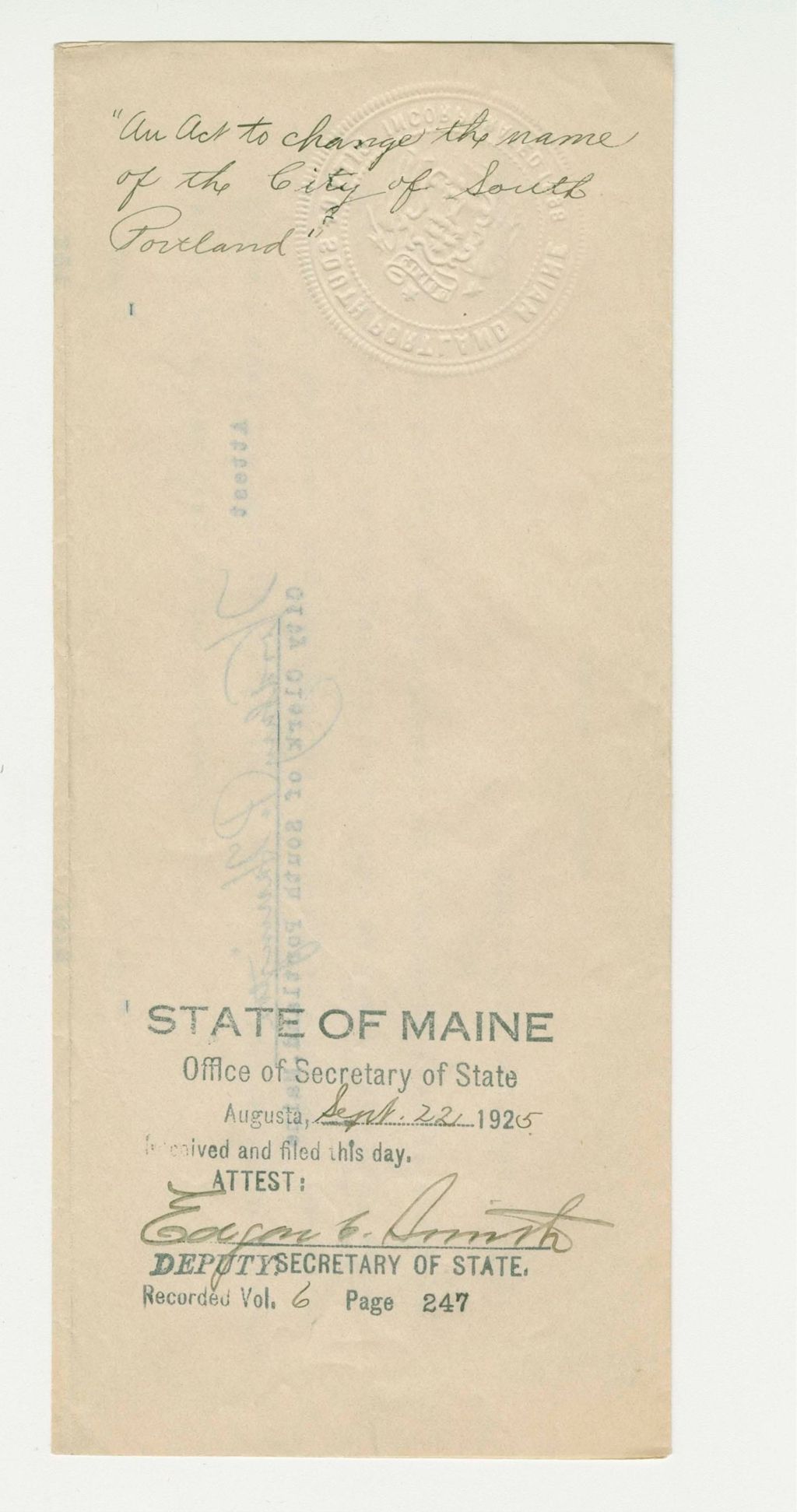Miniature of An Act to change the name of the City of South Portland