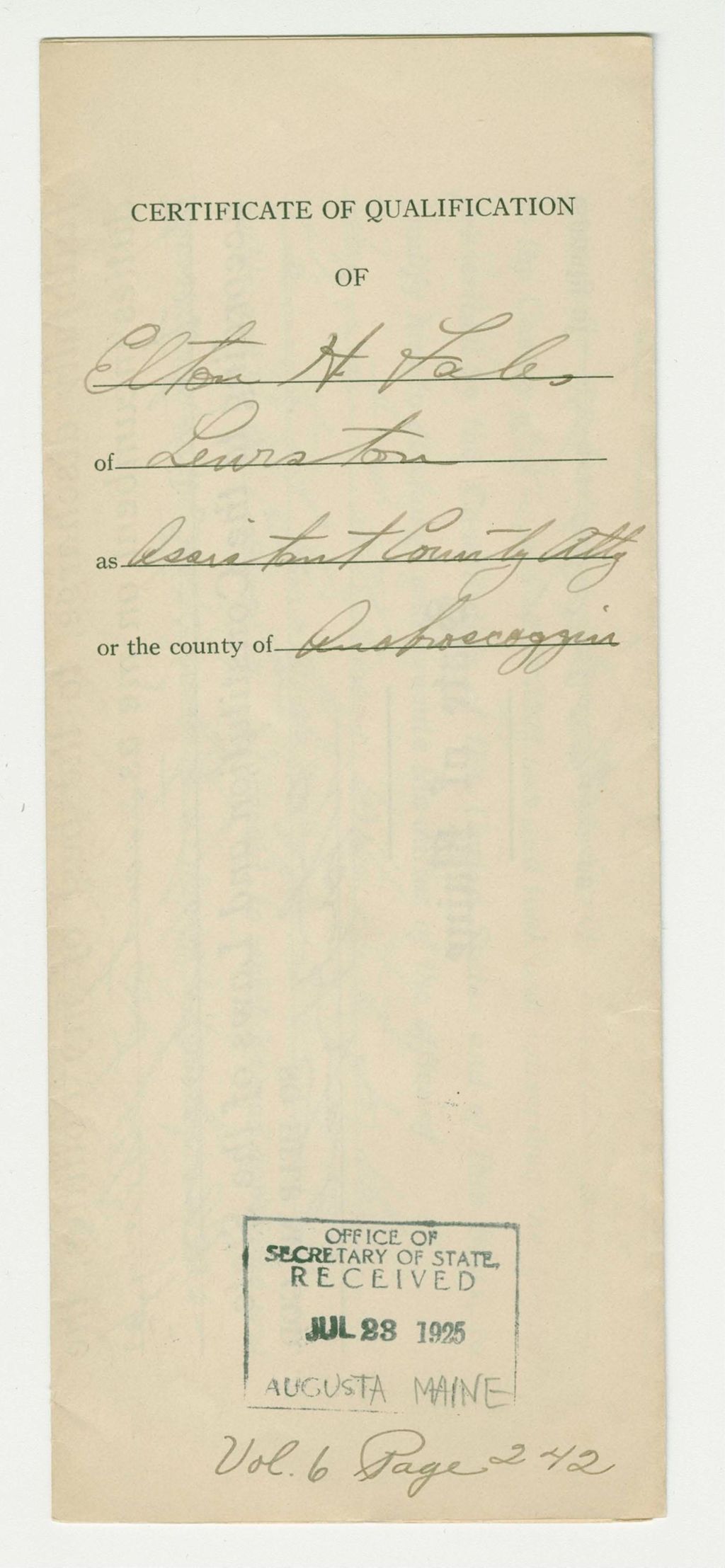 Miniature of Elton H. Fales Assistant County Attorney Androscoggin
