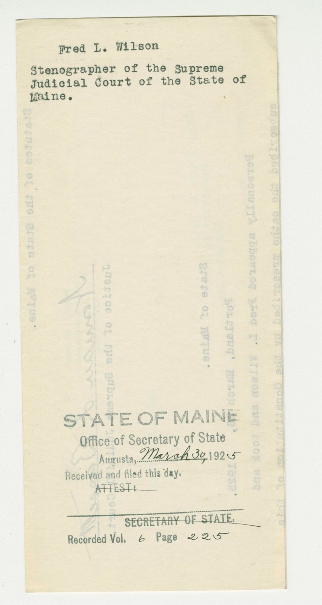 Miniature of Fred L. Wilson Stenographer of the Supreme Judicial Court of the State of Maine