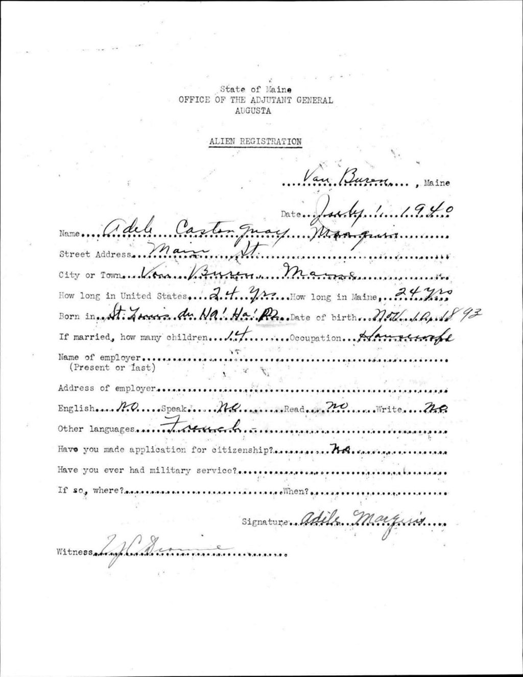 Miniature of Alien Registration- Castonguay, Adele (Van Buren, Aroostook County)