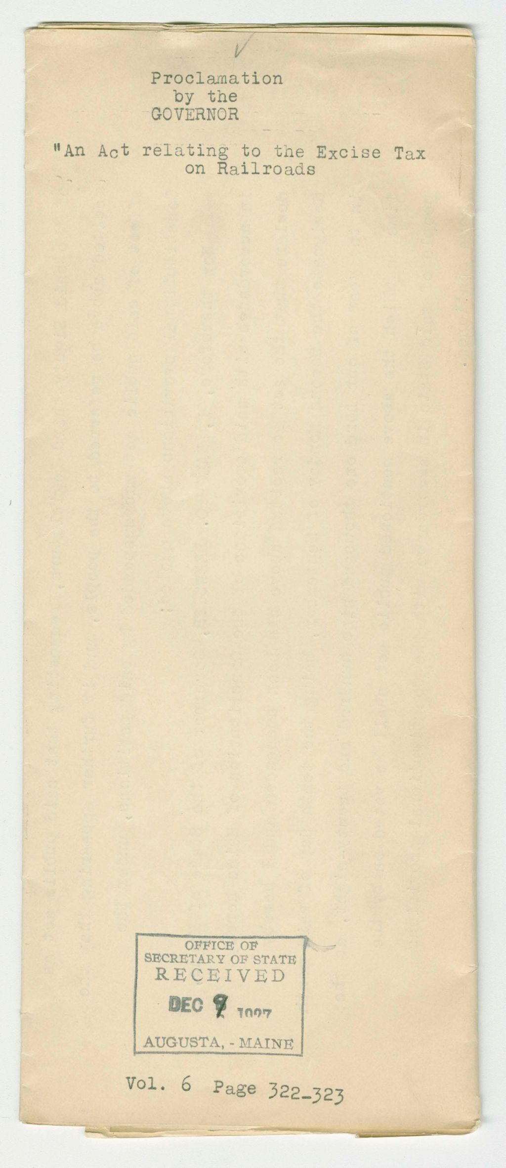 Miniature of Proclamation on "An Act relating to the Excise Tax on Railroads"