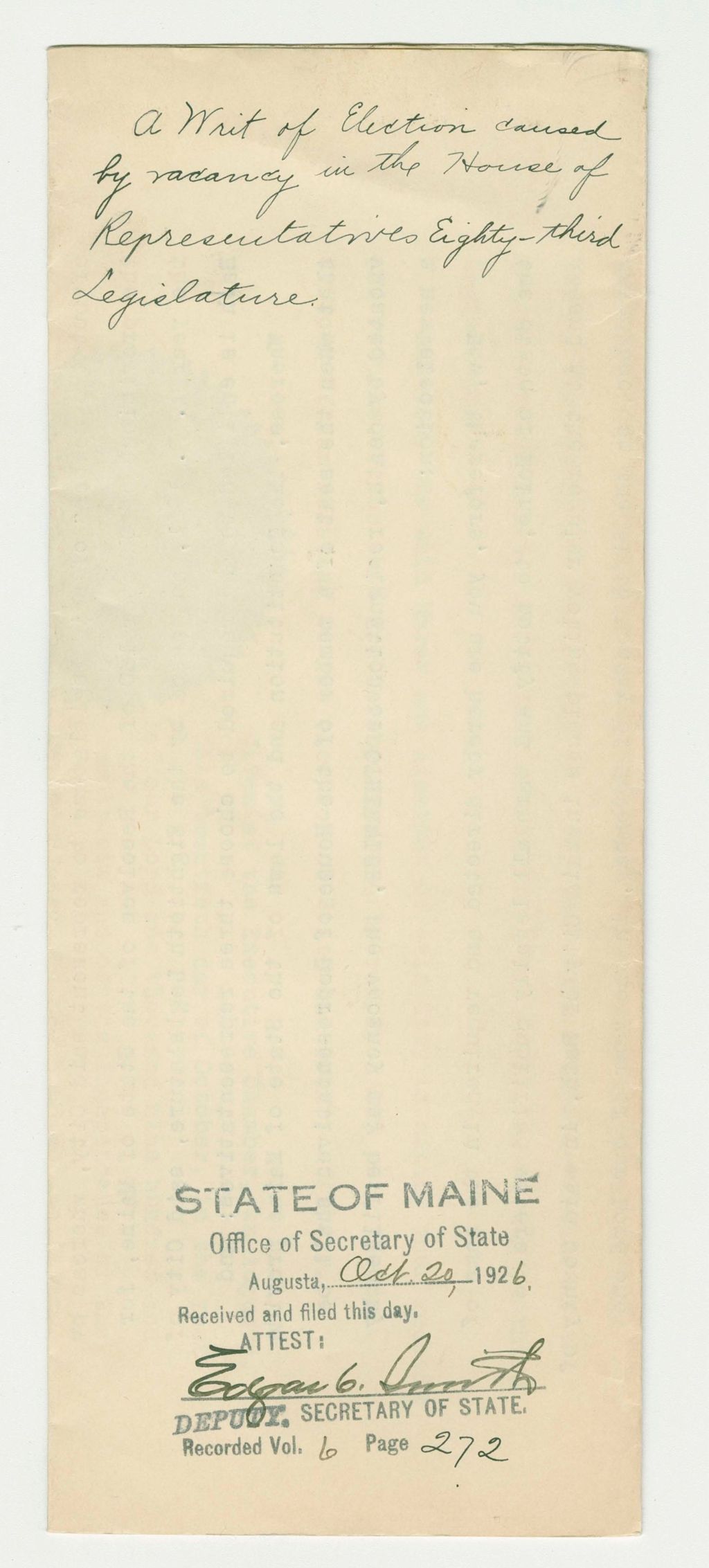 Miniature of Writ of Election caused by vacancy in the House of Representatives Eighty-third Legislature