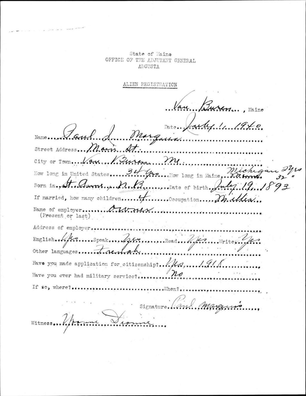Miniature of Alien Registration- Marquis, Paul J. (Van Buren, Aroostook County)