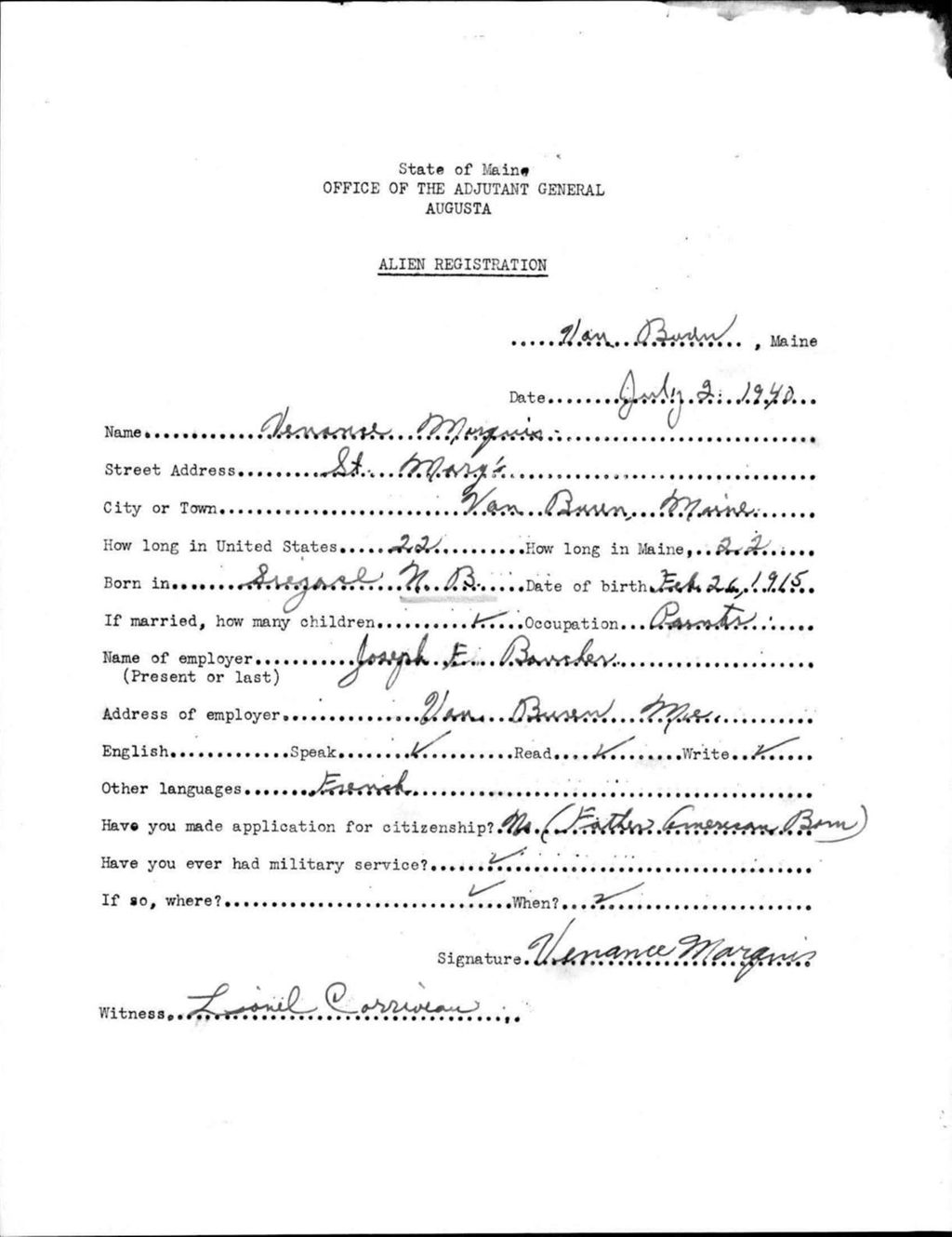 Miniature of Alien Registration- Marquis, Venance (Van Buren, Aroostook County)