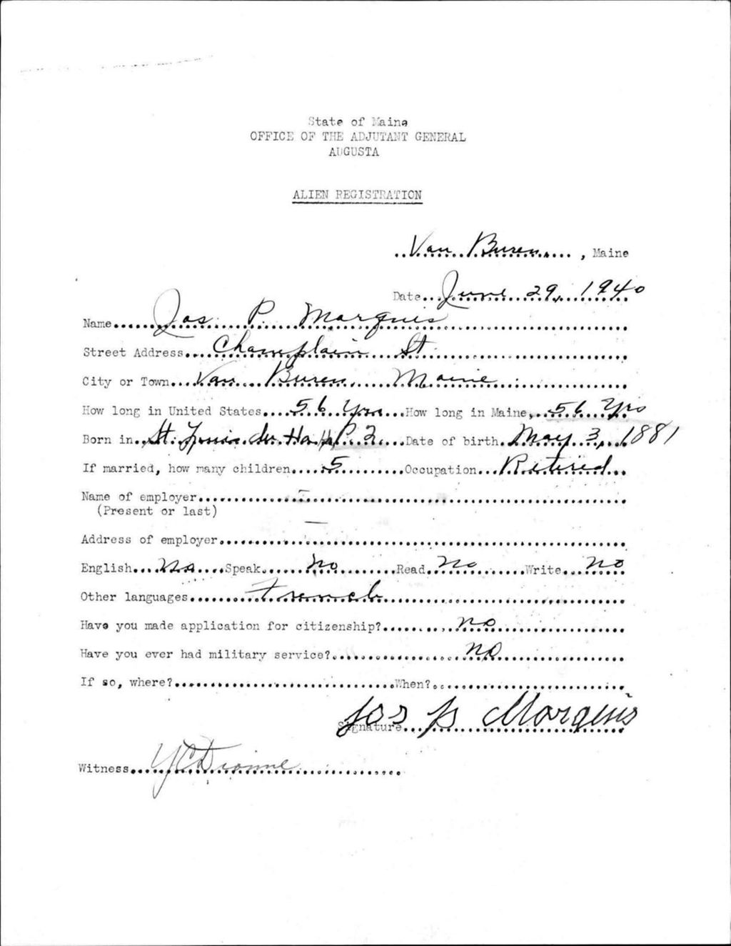 Miniature of Alien Registration- Marquis, Joseph P. (Van Buren, Aroostook County)