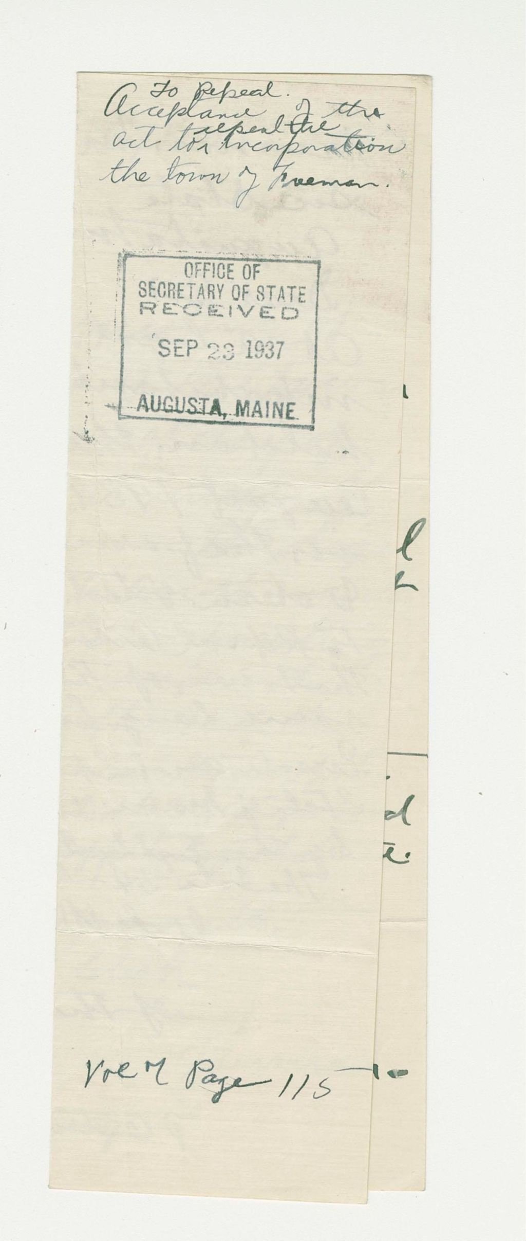 Miniature of Acceptance of the act to repeal the incorporation of the town of Freeman
