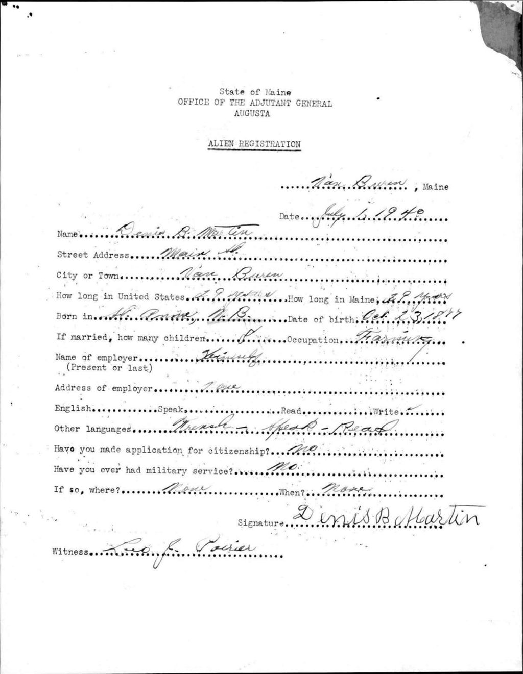 Miniature of Alien Registration- Martin, Denis B. (Van Buren, Aroostook County)