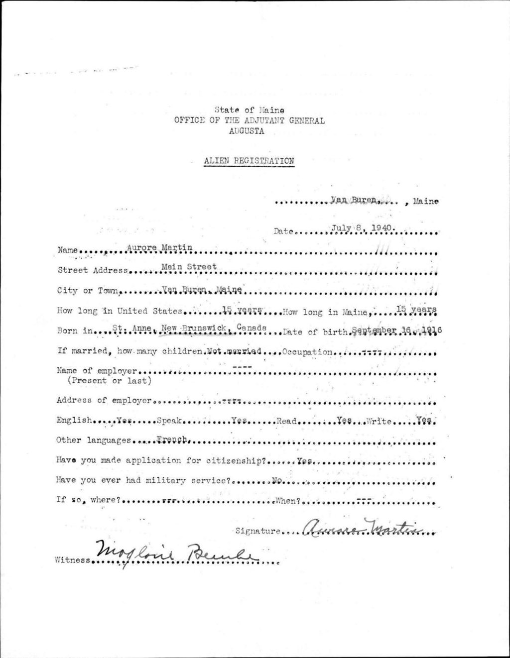 Miniature of Alien Registration- Martin, Aurore (Van Buren, Aroostook County)