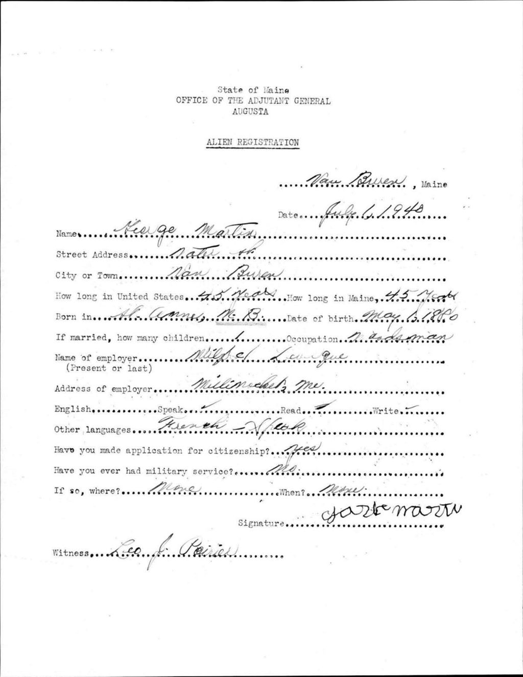 Miniature of Alien Registration- Martin, George (Van Buren, Aroostook County)