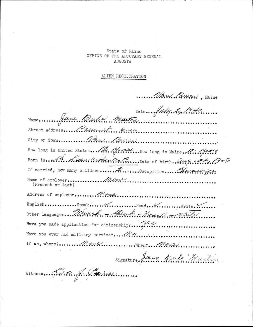 Miniature of Alien Registration- Dube, Jane (Van Buren, Aroostook County)