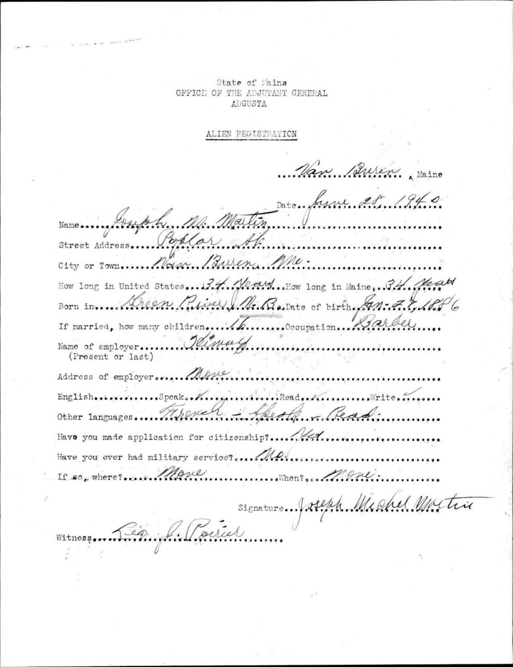Miniature of Alien Registration- Martin, Joseph M. (Van Buren, Aroostook County)