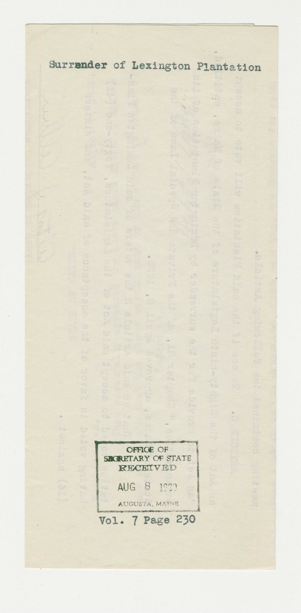 Miniature of Surrender of Lexington Plantation