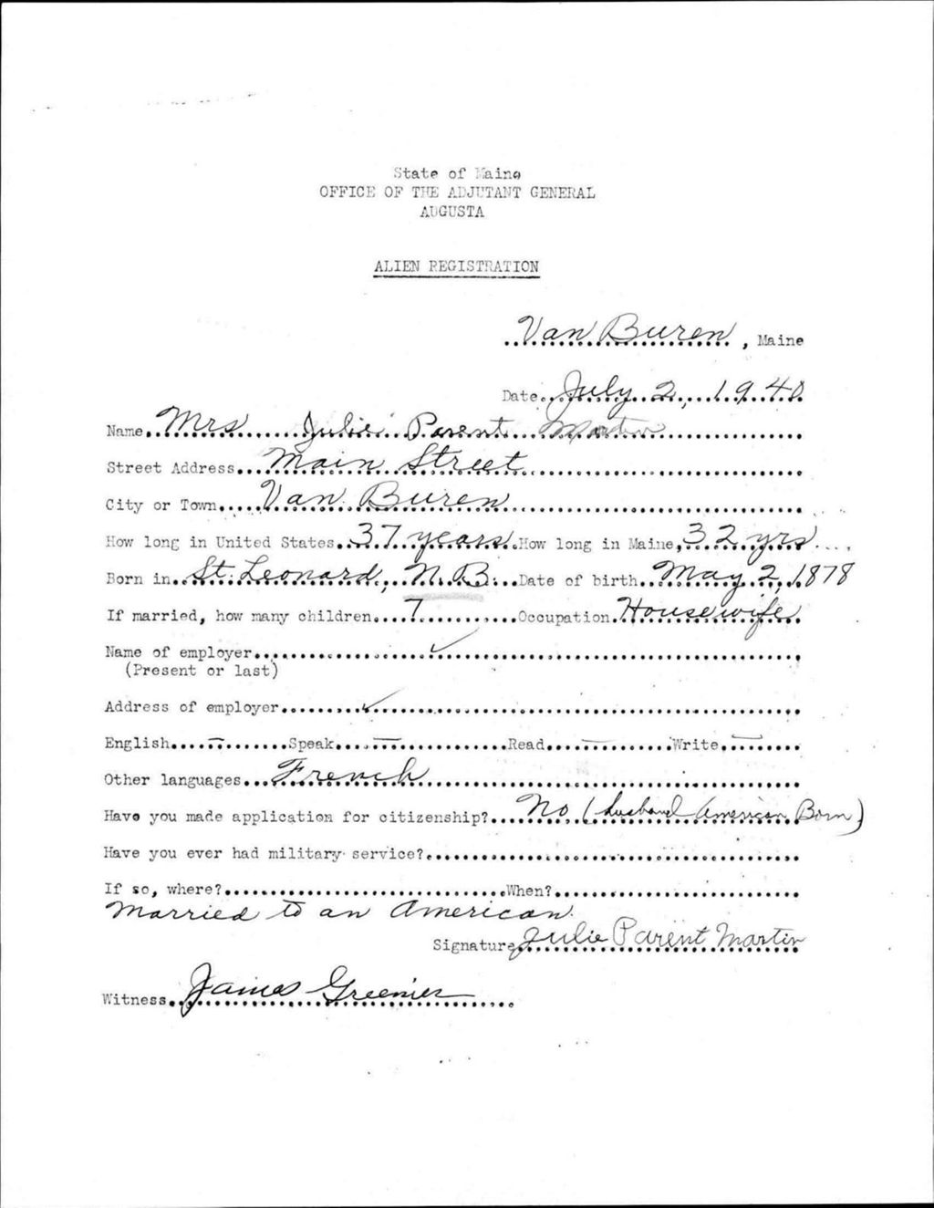 Miniature of Alien Registration- Parent, Julie (Van Buren, Aroostook County)