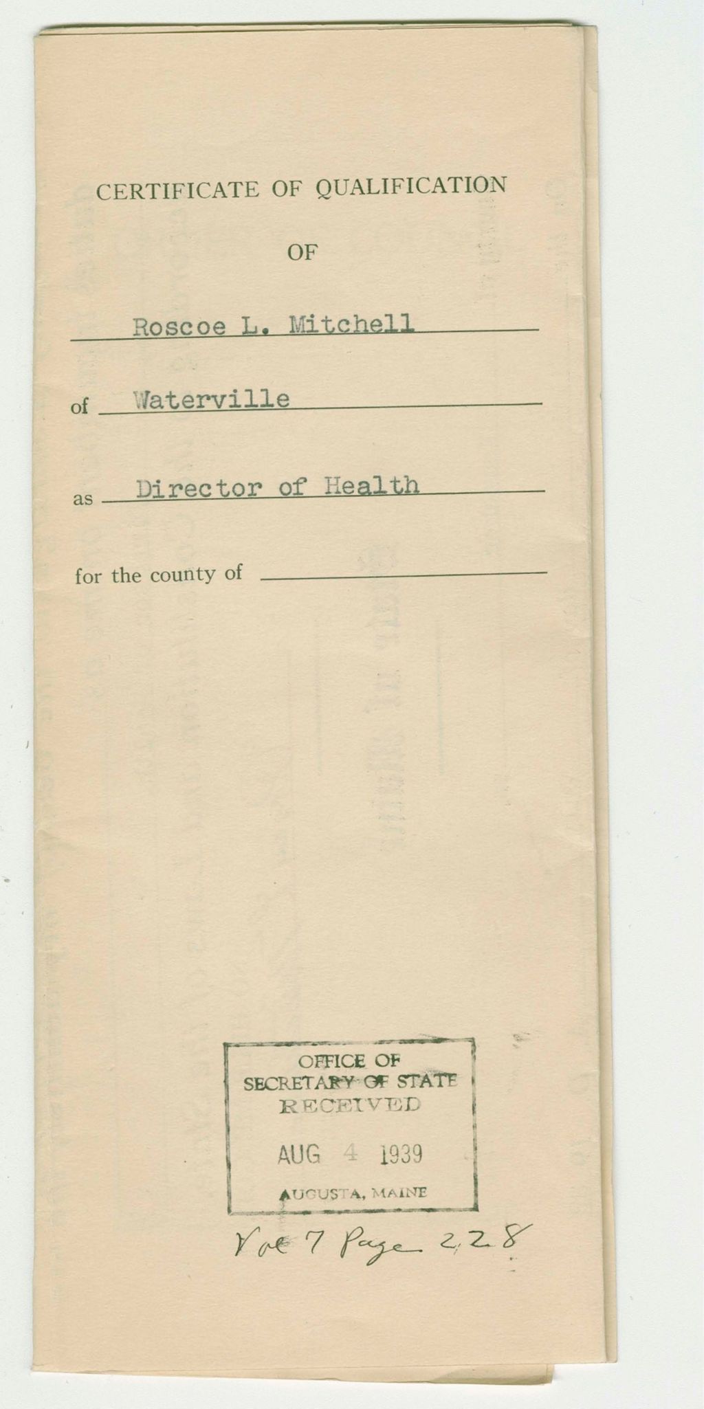 Miniature of Certificate of Qualification of Roscoe L. Mitchell of Waterville as Director of Health