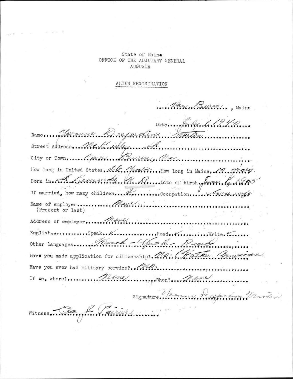 Miniature of Alien Registration- Desjardins, Yvonne (Van Buren, Aroostook County)