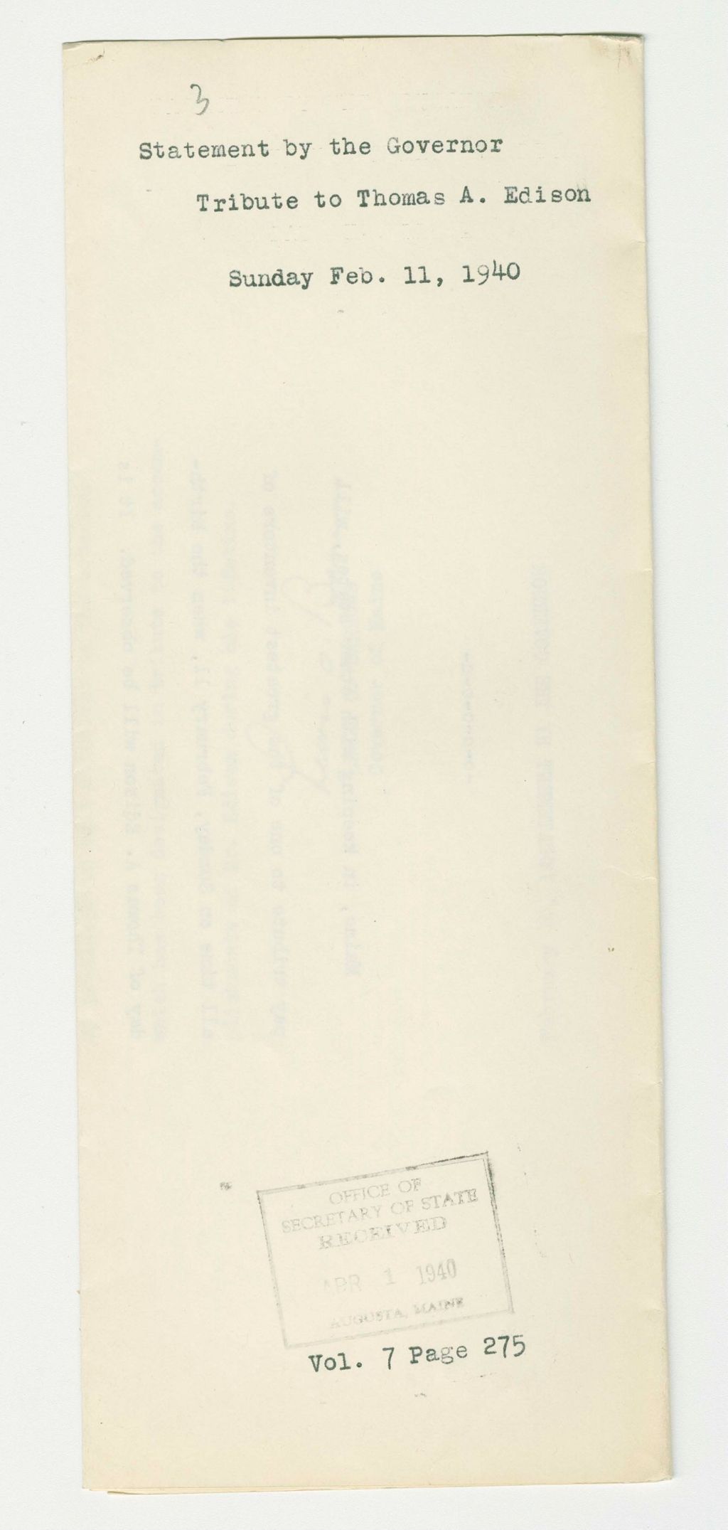Miniature of Tribute to Thomas A. Edison Statement