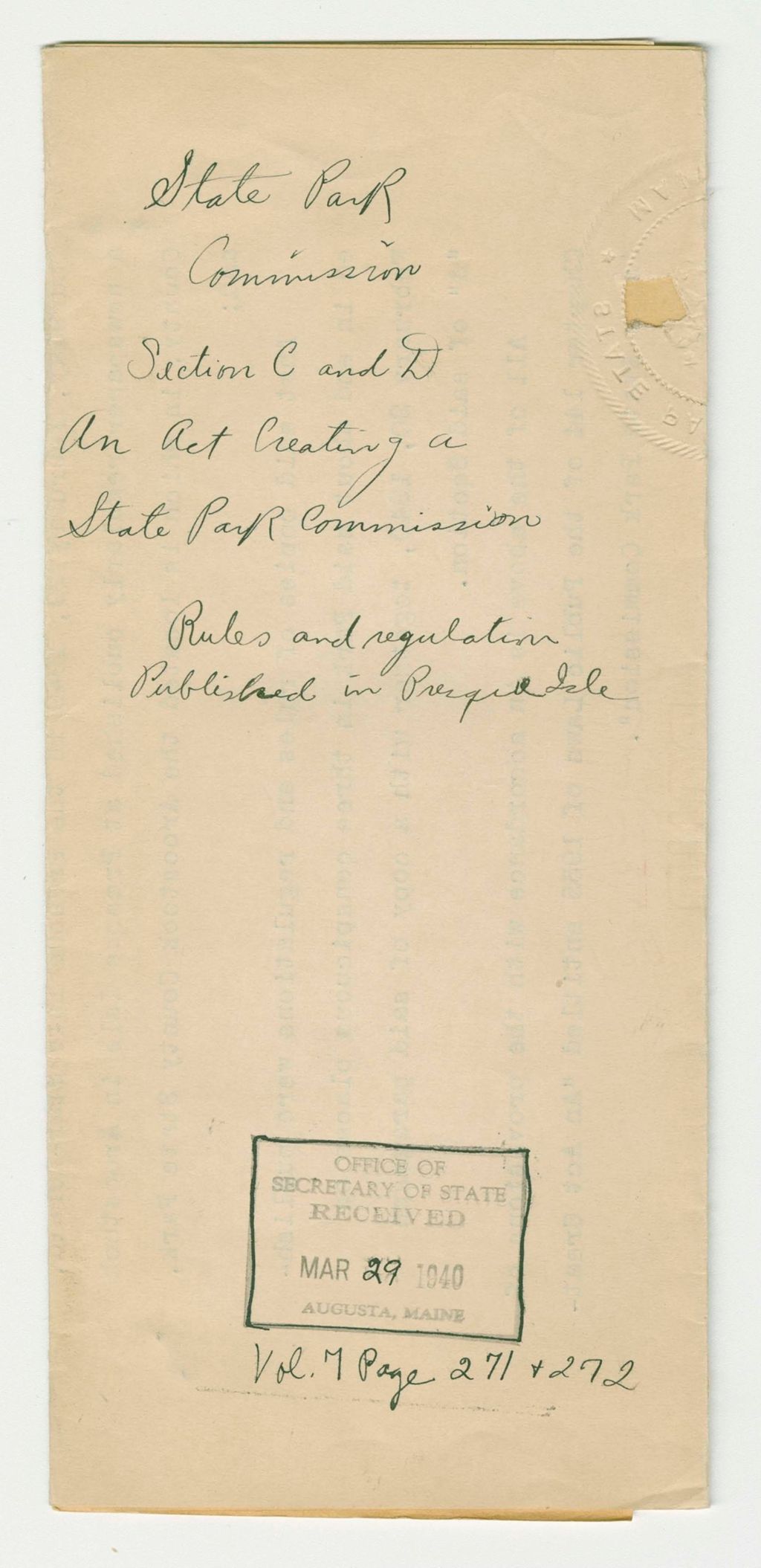 Miniature of State Park Commission Section C and D an Act Creating a State Park Commission Rules and regulation Published in Presque Isle