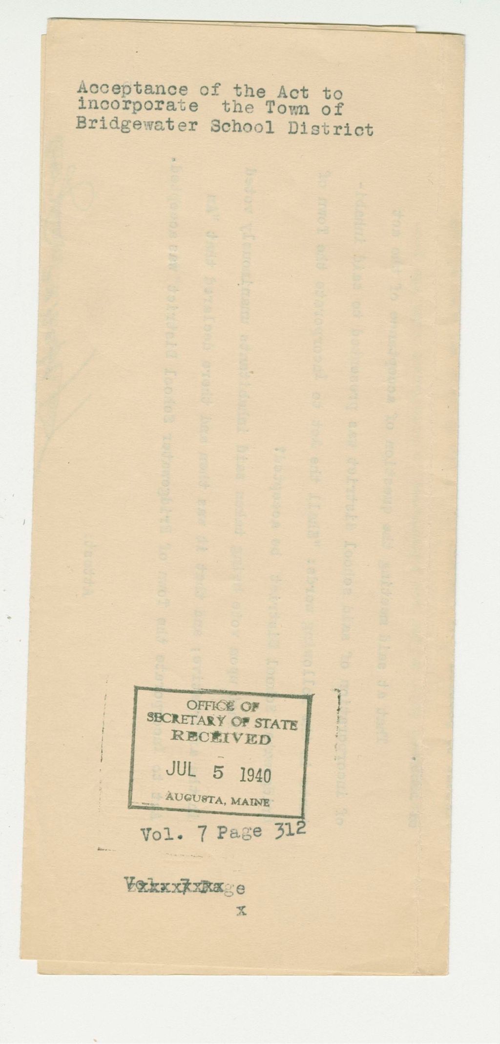 Miniature of Acceptance of the Act to incorporate the Town of Bridgewater School District