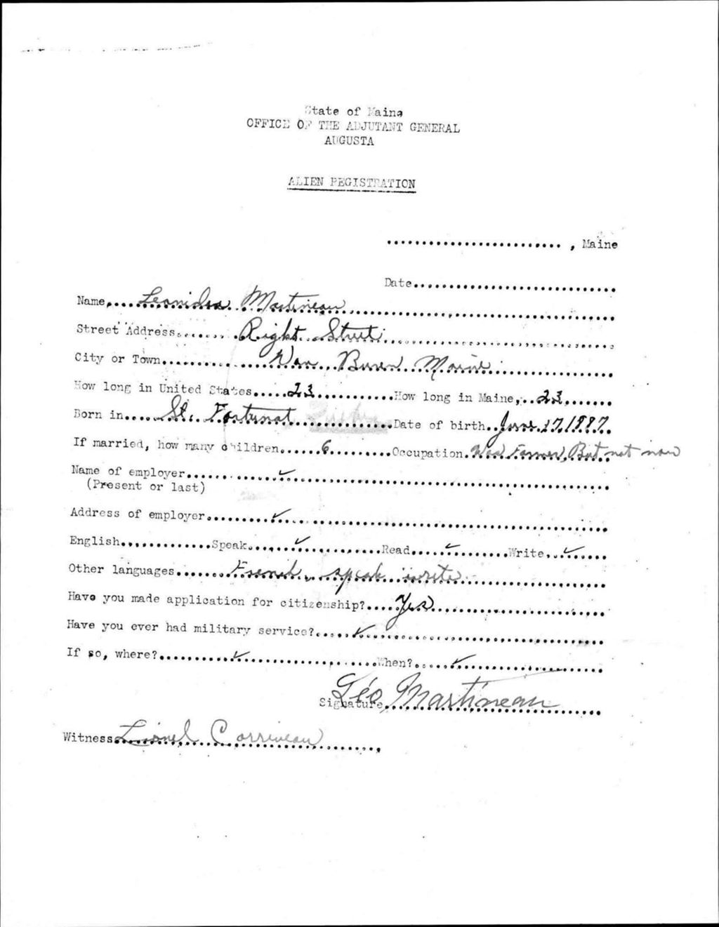 Miniature of Alien Registration- Martineau, Leonidia (Van Buren, Aroostook County)