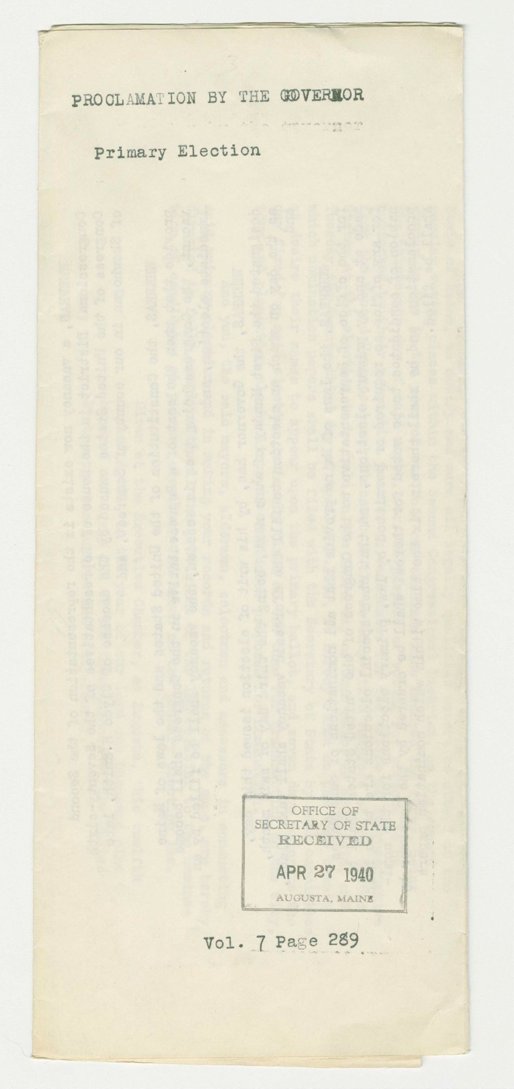 Miniature of Primary Election Proclamation